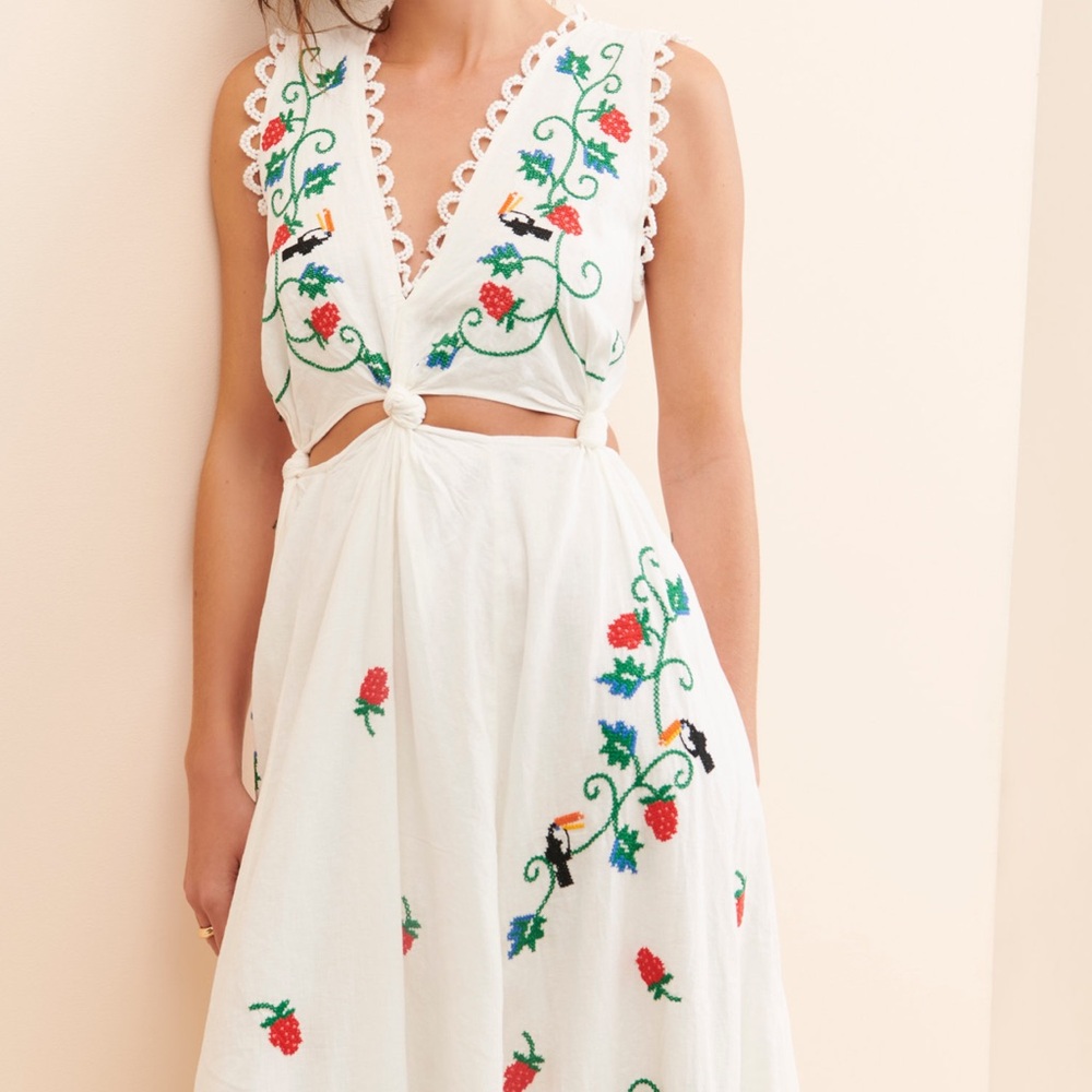 FARM Rio White Backless Dress with Floral Embroidery